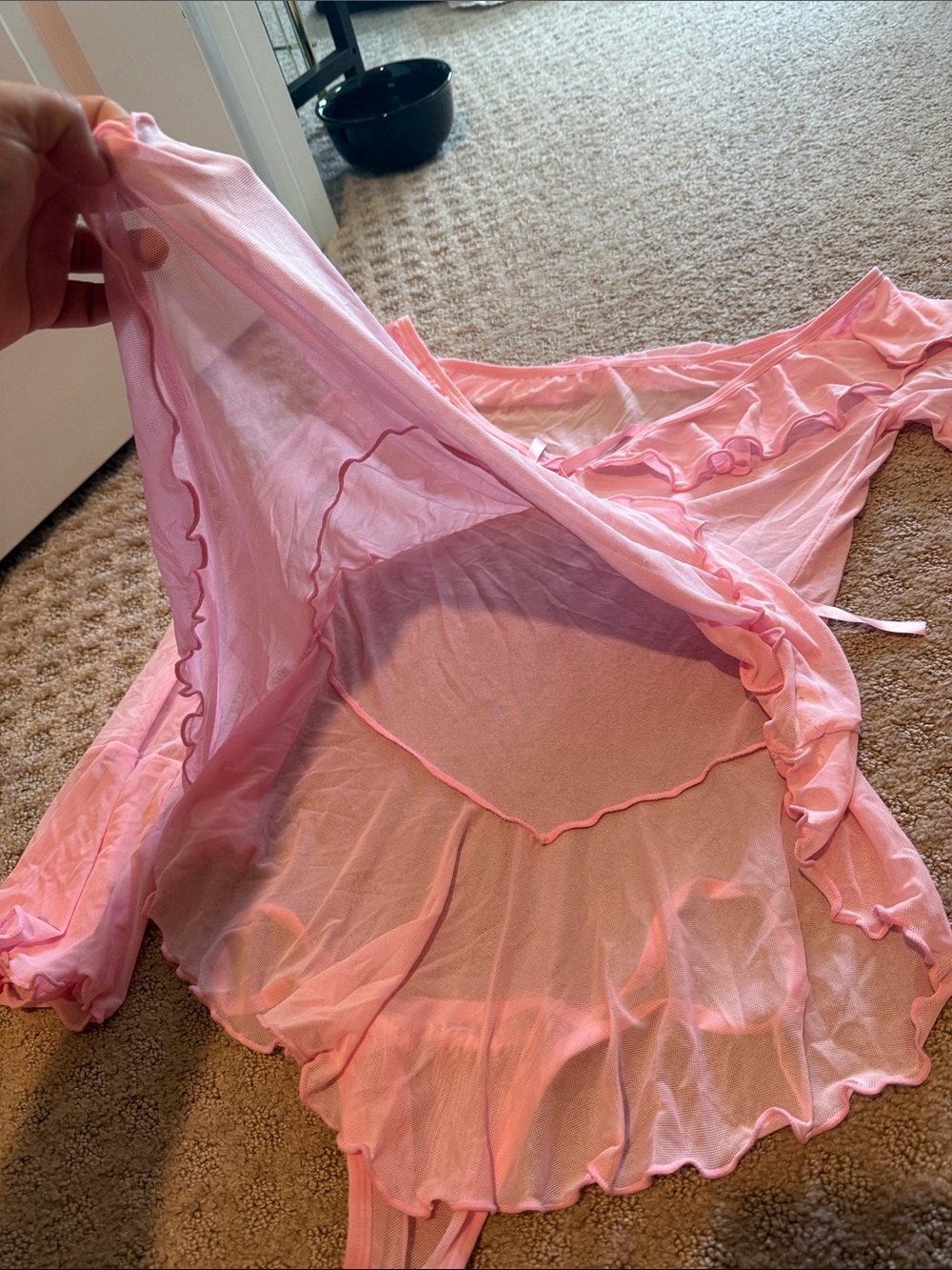 Pink Sheer Ruffled Off-Shoulder Bodysuit - Picture 2 of 7